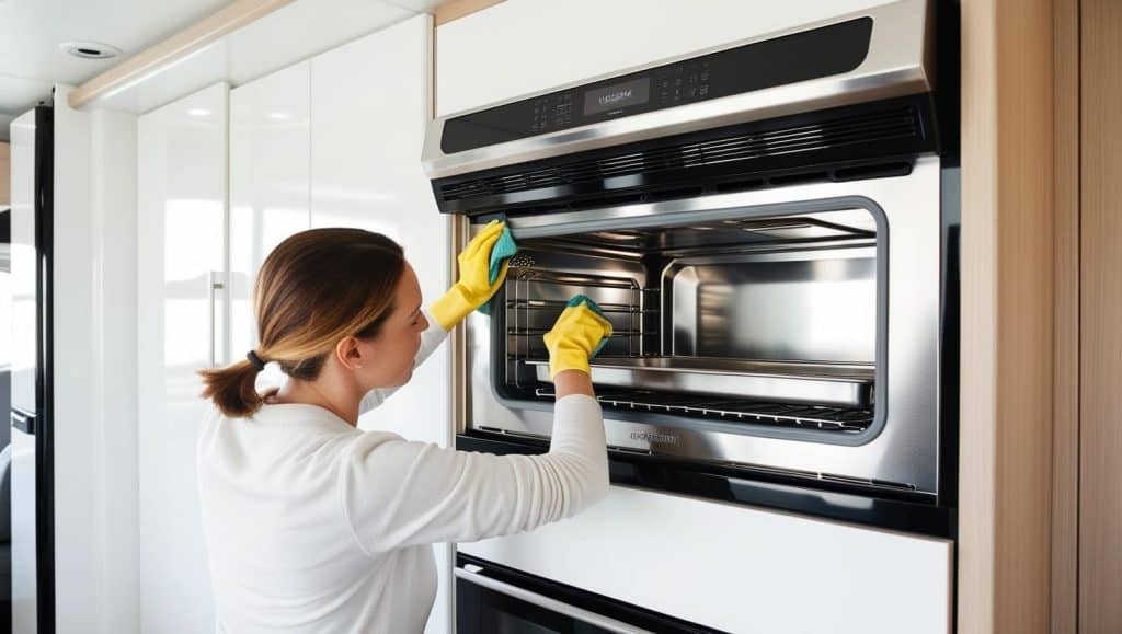 A woman cleaning the interior of her motorhome to attract buyers.