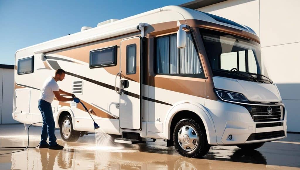 A man washing his motorhome in preparation to sell it.