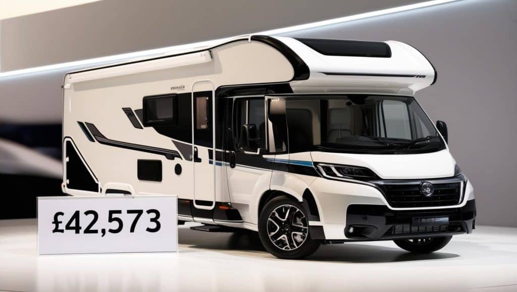 Black and white motorhome in front of "For Sale" figure of £42,573.