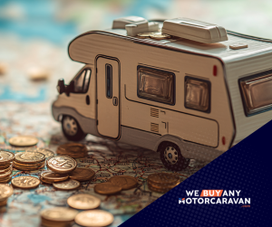 A miniature motorhome model placed on a map, surrounded by stacks of coins, symbolising motorhome travel, costs and market value.