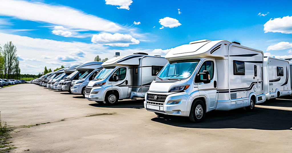 A row of motorhomes parked on a forecourt, representing UK motorhome price brackets, used demand and buyer choice in 2025.