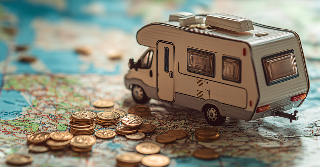 A miniature motorhome model placed on top of a travel map with stacks of coins in the foreground, representing motorhome costs, value and lifestyle decisions in the UK market.