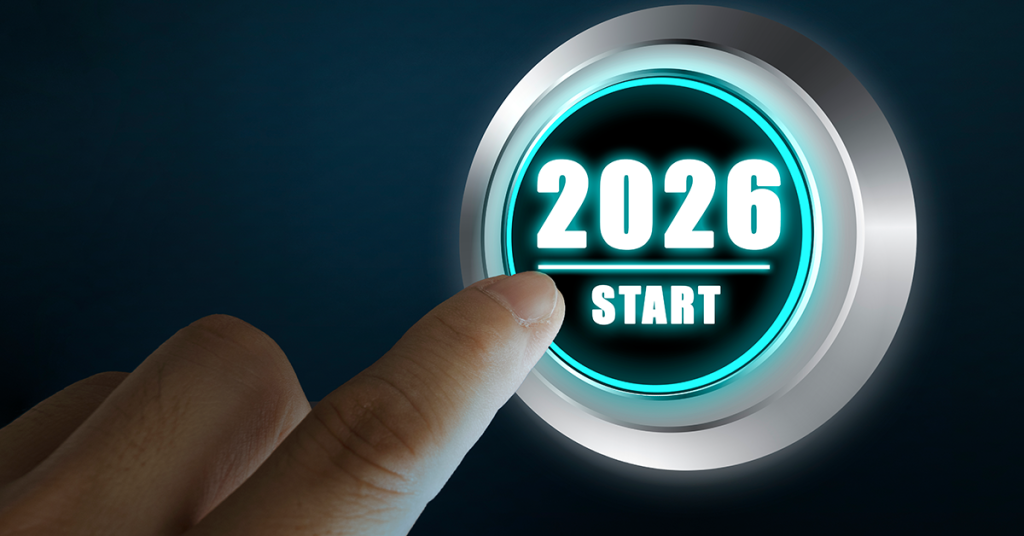 A finger pressing a glowing 2026 START button on a dark background, symbolising the next phase of the UK motorhome market and future industry trends.
