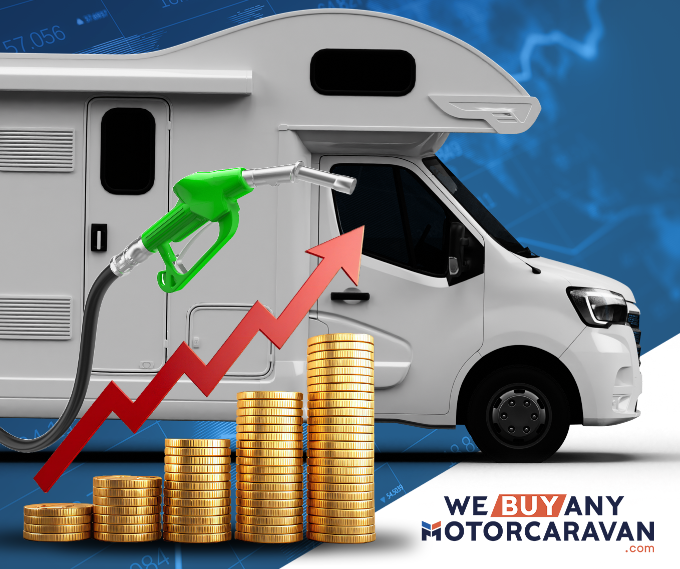 Motorhome with rising price chart and coins illustrating selling a motorhome during economic uncertainty