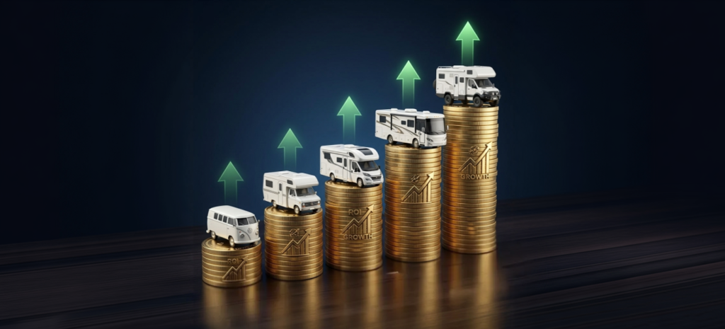 Motorhome models on rising stacks of coins with upward arrows illustrating motorhome value increase during the pandemic
