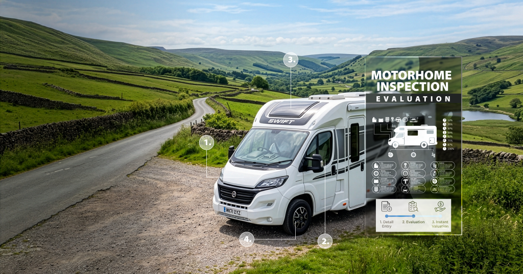 Motorhome in the countryside with overlay text showing motorhome valuation
