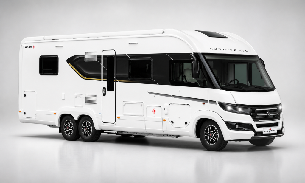 Large A-class tag axle motorhome on forecourt