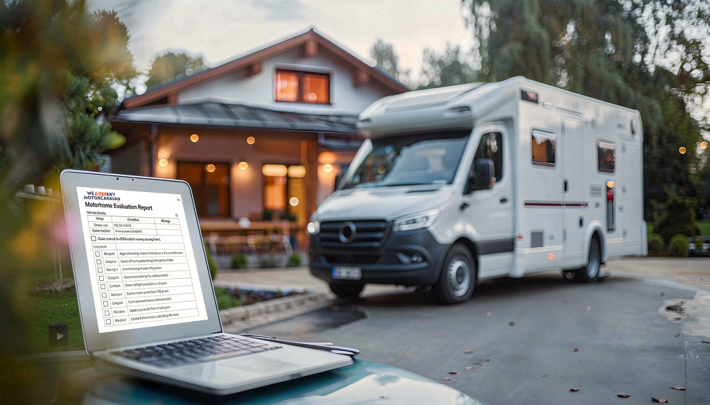 A motorhome on the driveway with a computer at the forefront, indicating someone is looking to sell their motorhome.