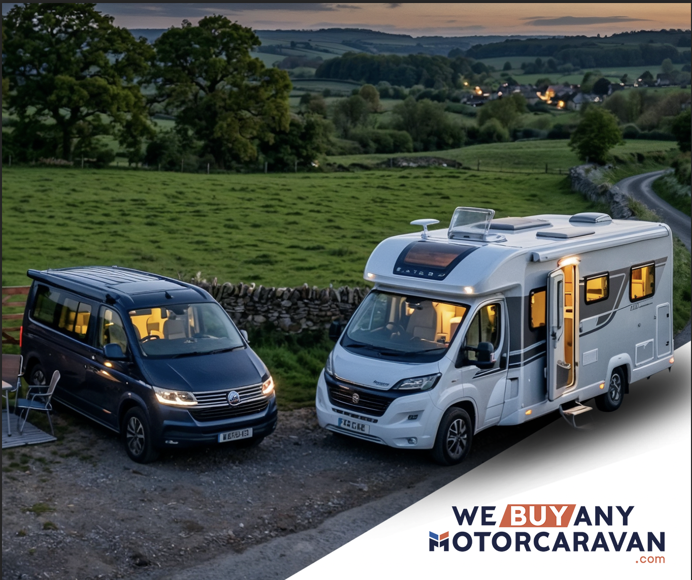 Campervan and motorhome at dusk