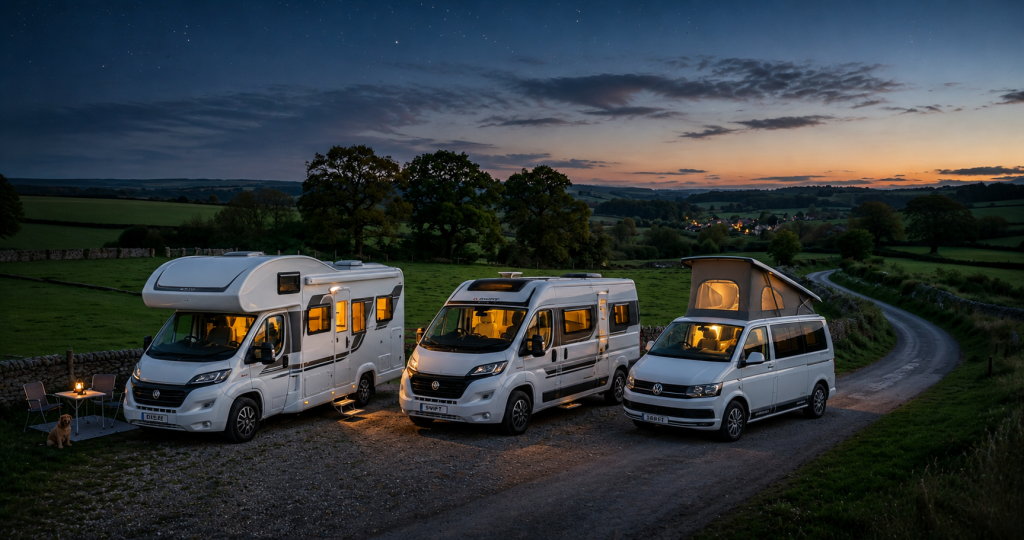 Campervan vs motorhome UK — coach-built motorhome, panel van, and VW campervan parked at dusk in the UK countryside